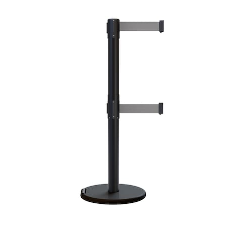 Montour Line Retractable Double Belt Rolling Stanchion, Light Gray, 7.5 ft Length, 2.5 ft Post Height P400DRL-BK-LGY-75